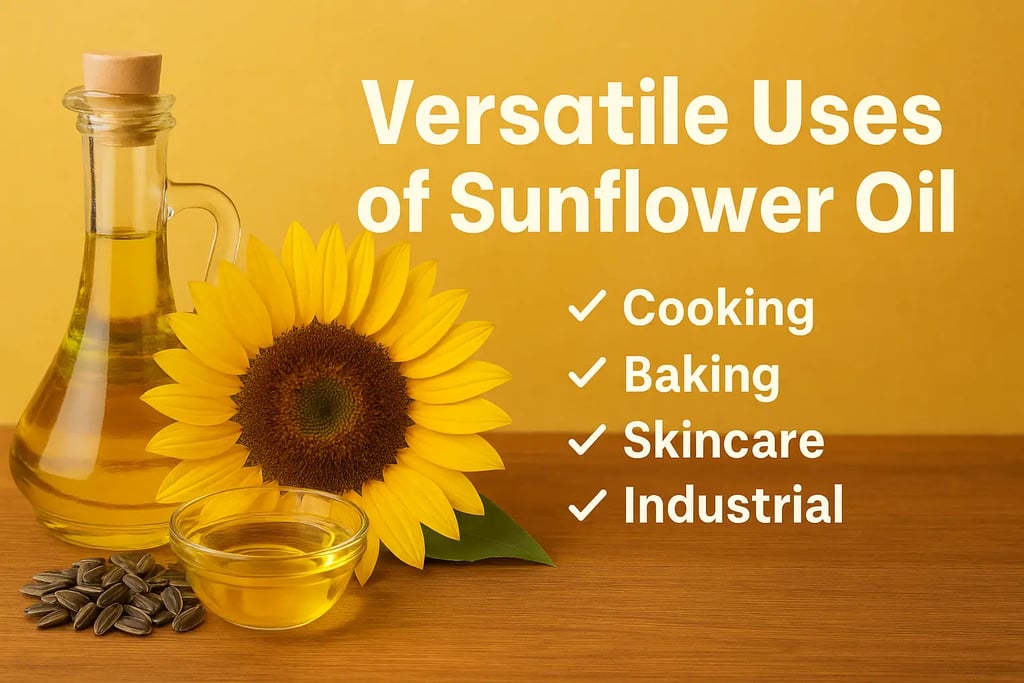 A bottle and bowl of sunflower oil with a sunflower and seeds on a wooden surface