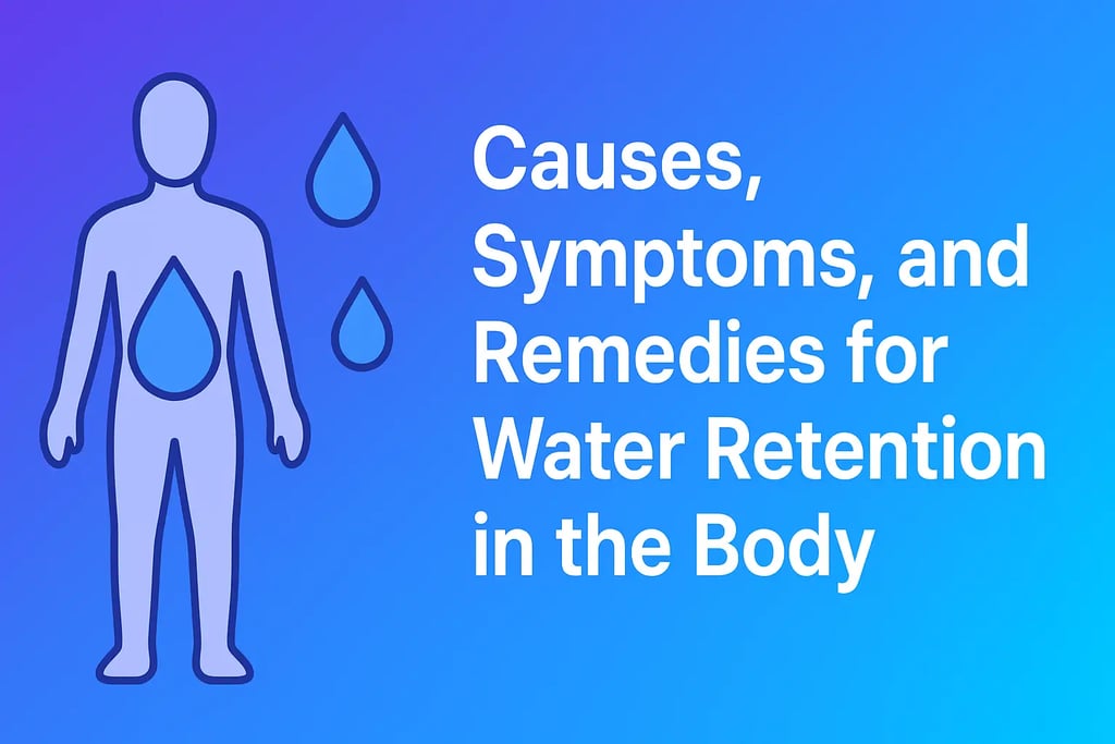 Illustration showing causes, symptoms, and remedies for water retention (edema) in the human body
