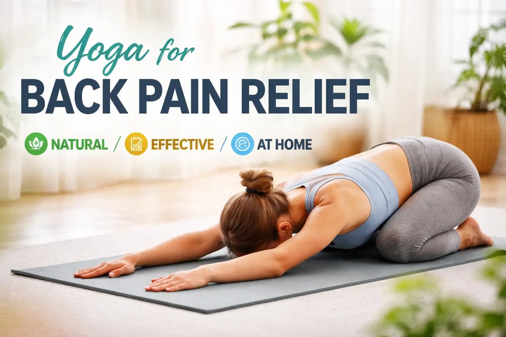 Woman practicing yoga child’s pose for natural back pain relief at home