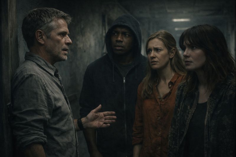 a group of people standing around a man in a hoodie