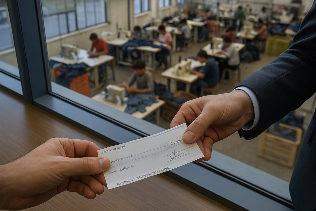 cheque bancario ejecutivos oficina moderna fábrica textil