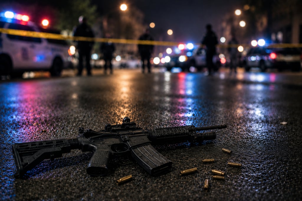 rifle and empty shell casings lying on the street at night after an active shooter incident