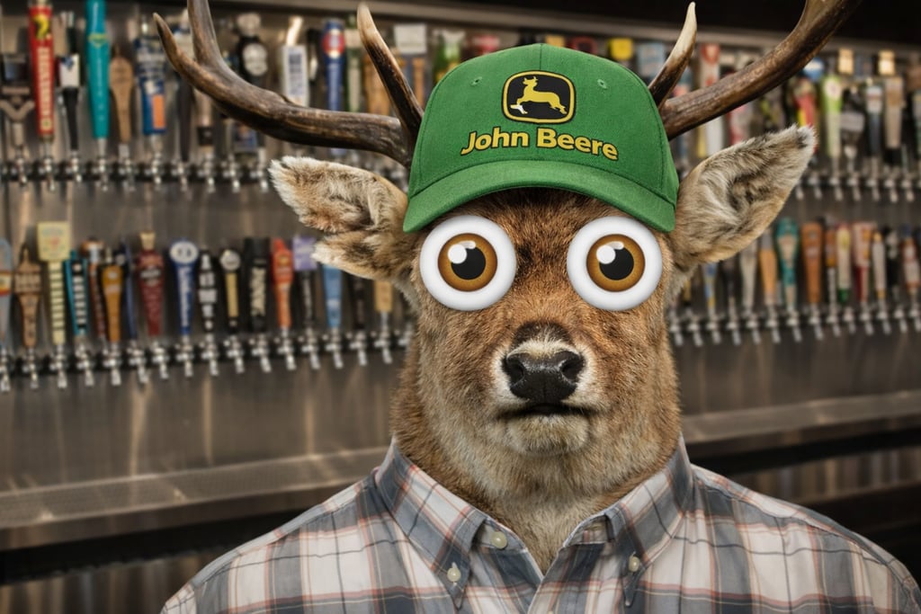 A deer wearing a John Deere hat and googly eyes in a bar with beer taps.