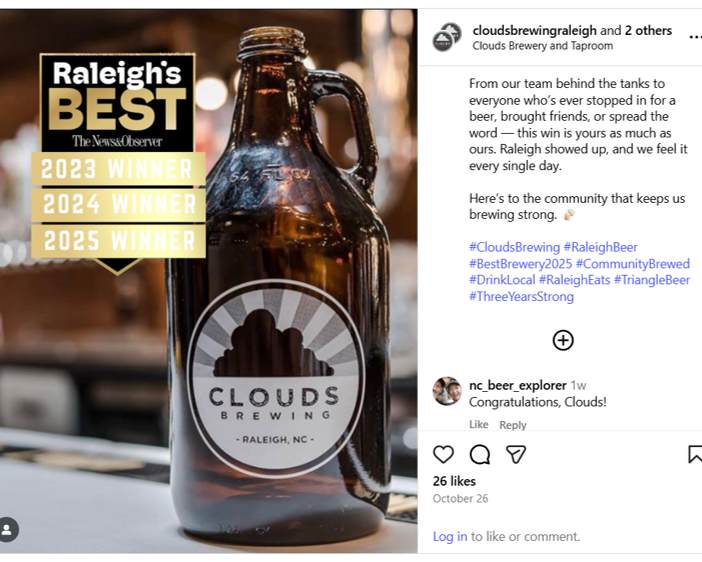 a clouds 9 beer bottle with Raleigh's Best Brewery award