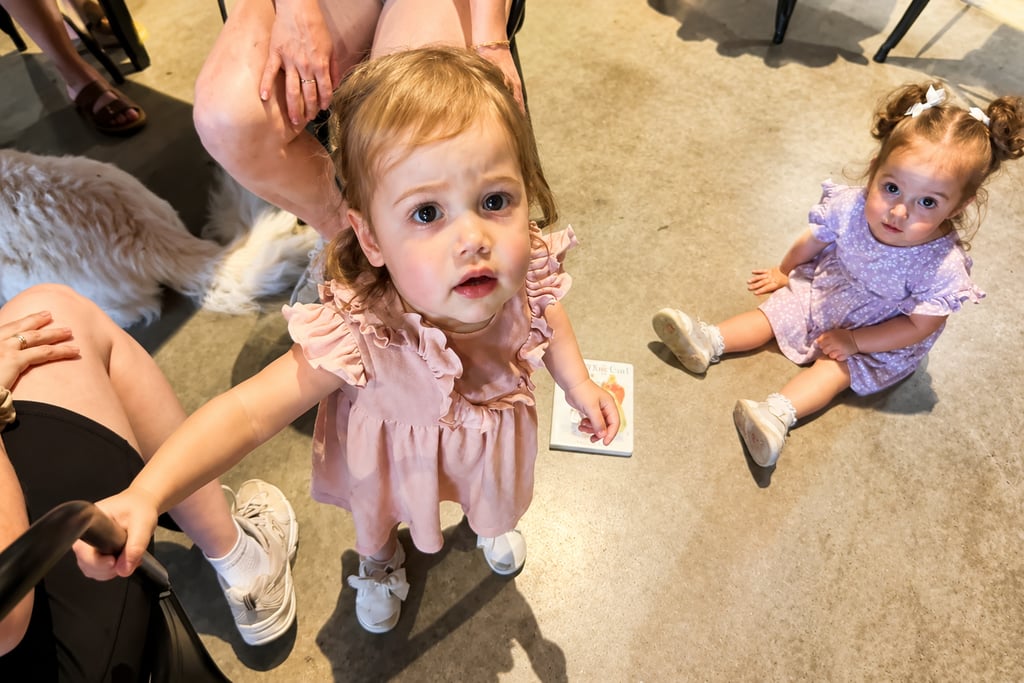 Two toddler girls in dresses playing during a family gathering