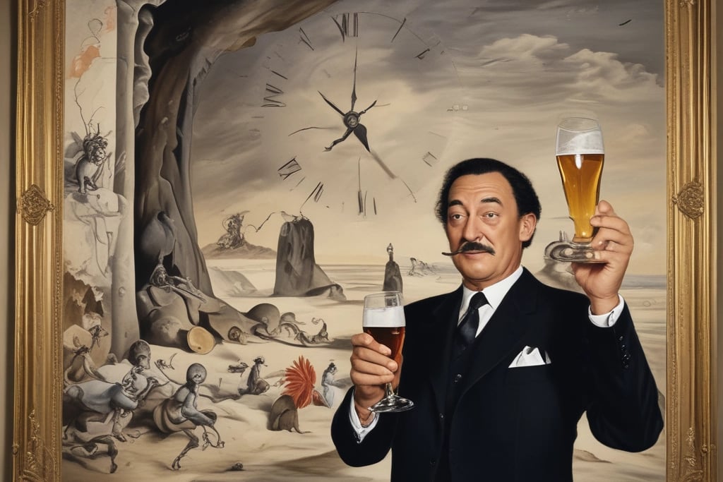 Image of Salvidor Dali in front of a surreal painting holding beers