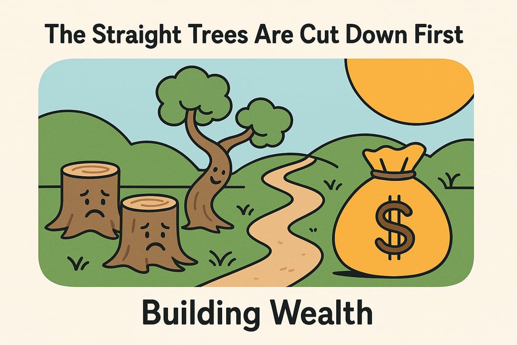 A colorful illustration showing trees, wealth path, & money bag symbolizing financial growth wisdom.
