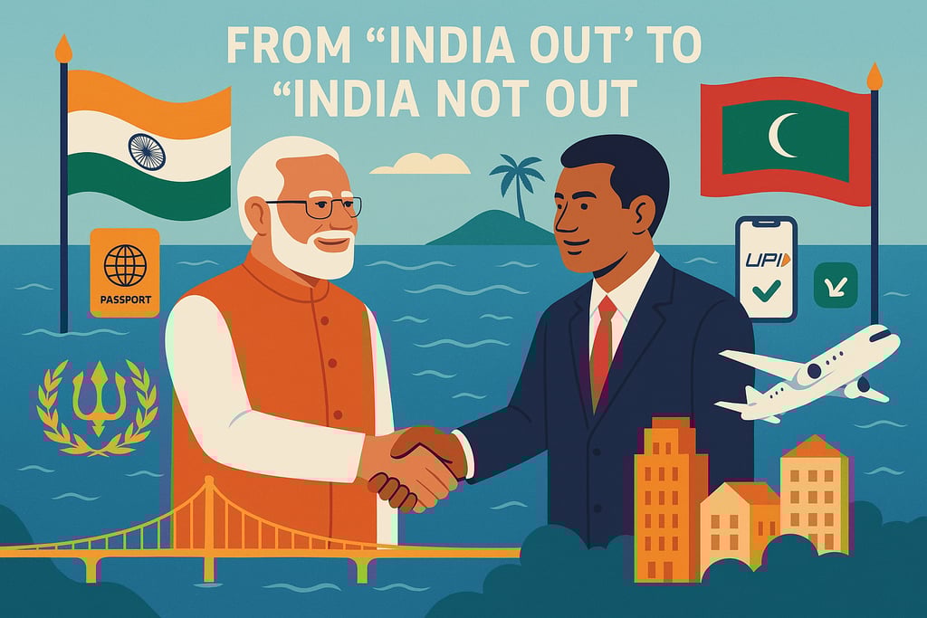 Handshake between Indian & Maldivian leaders with flags, ocean backdrop, & diplomatic partnership.