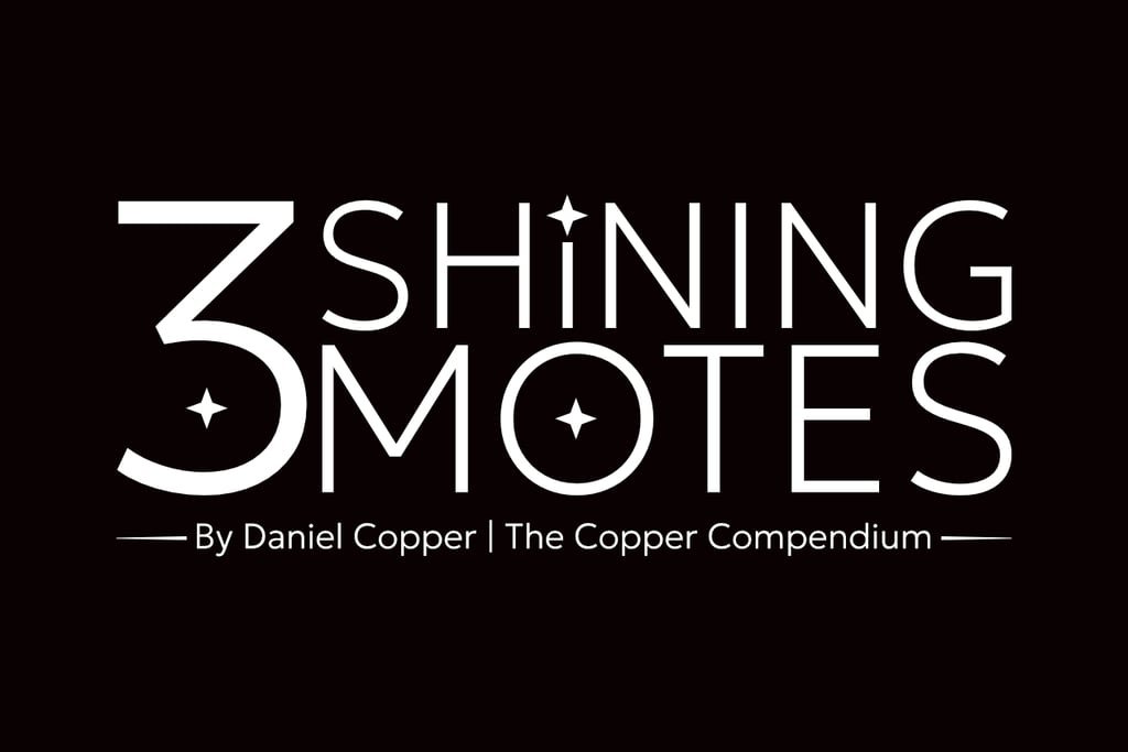 The words "3 Shining Motes" in white on a black background. 3 stars are present within the words..