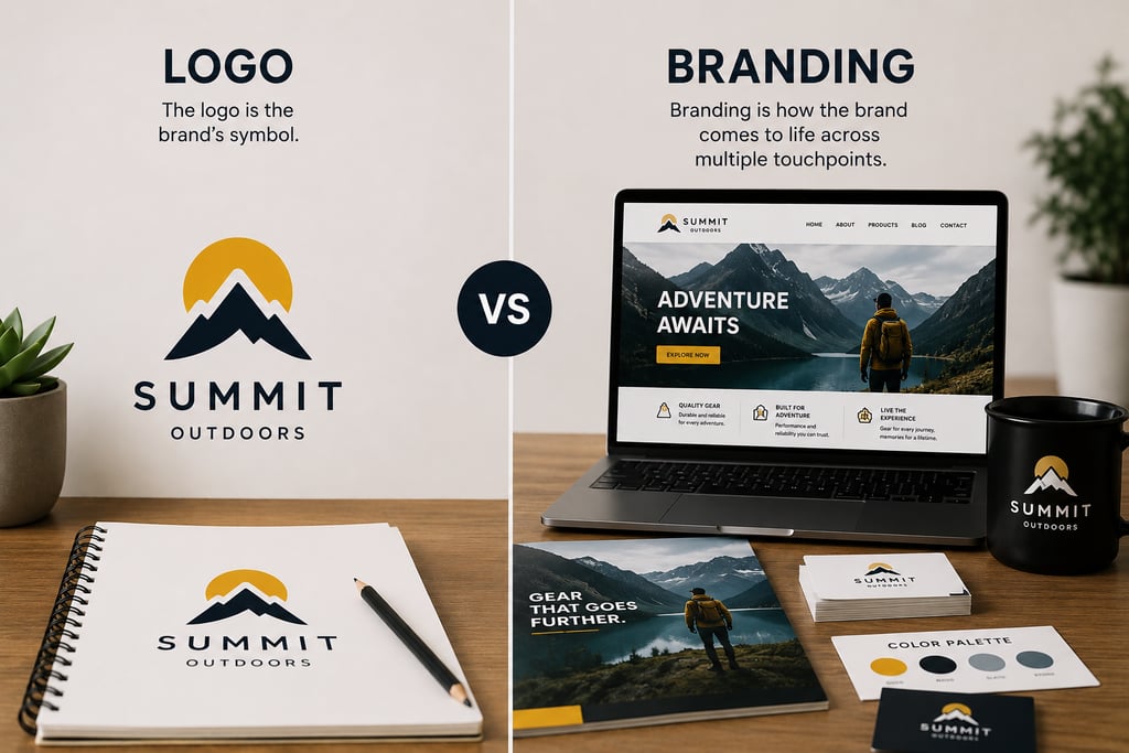 A comparison of a mountain logo design versus full brand identity on a laptop, business cards, and merchandise.