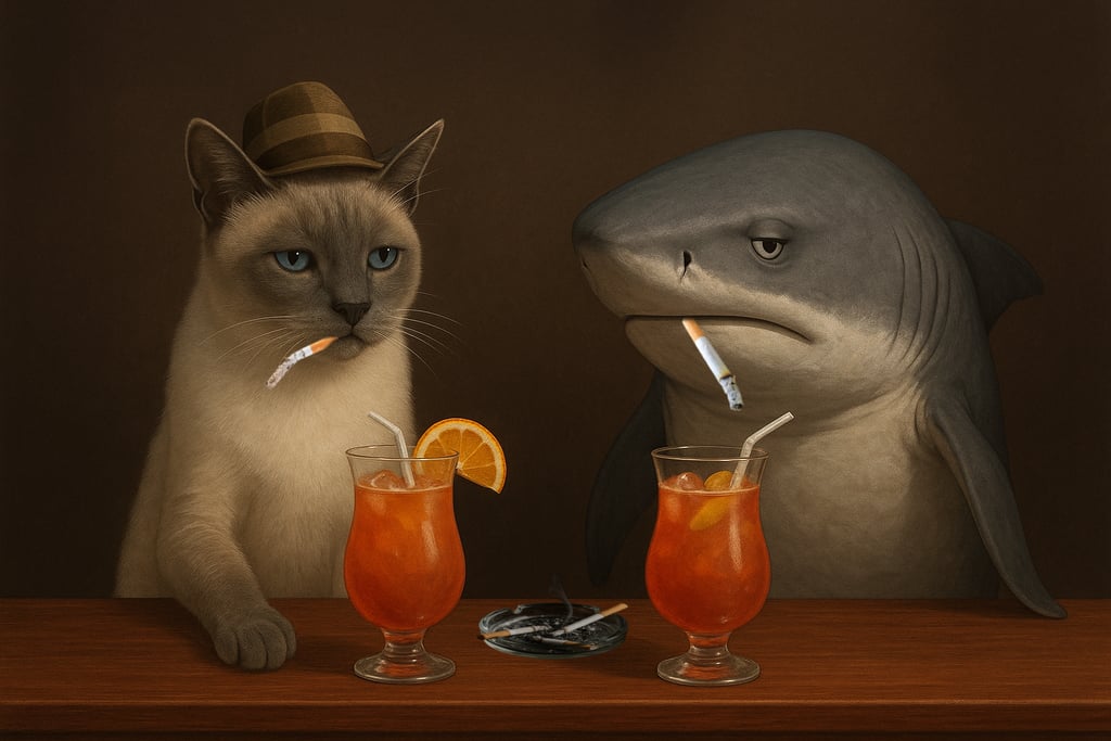 Jeffy the Journalist and a bored-looking shark sit at a bar with cocktails and cigarettes.