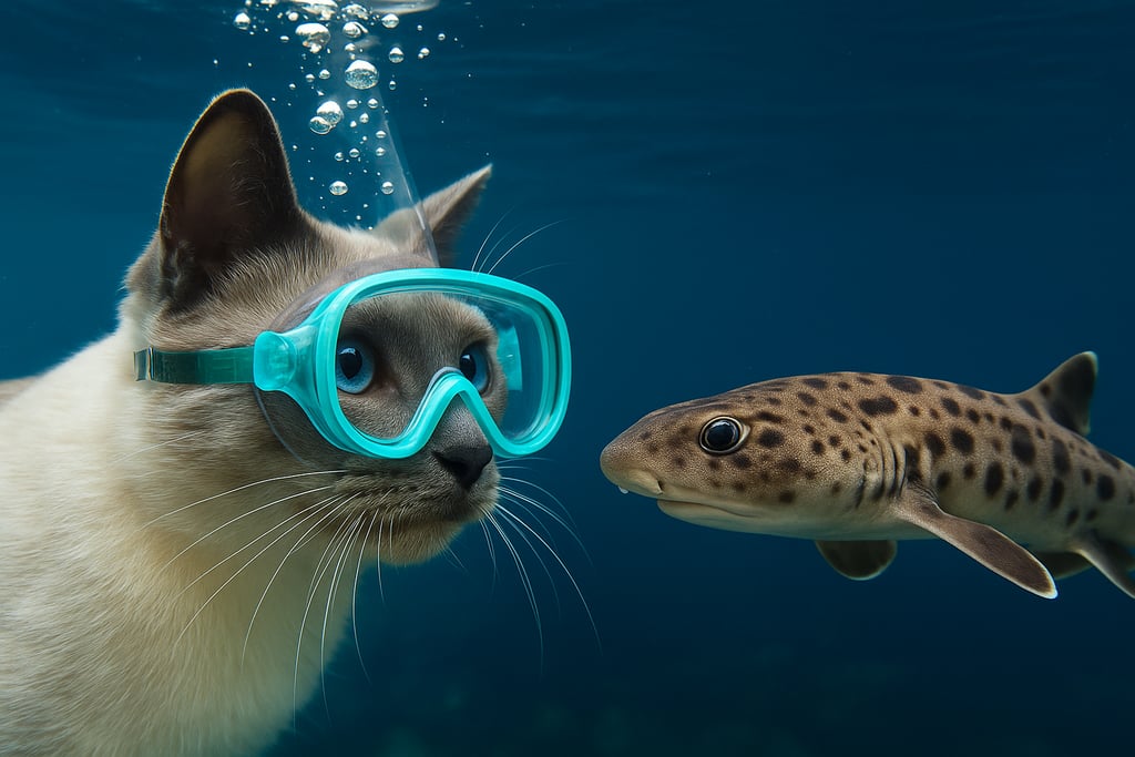 Jeffy the Journalist wearing scuba goggles underwater beside a spotted leopard shark