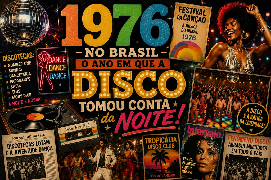 Vintage 1976 Brazilian disco culture collage featuring a mirror ball, dancers, vinyl records, and retro posters.