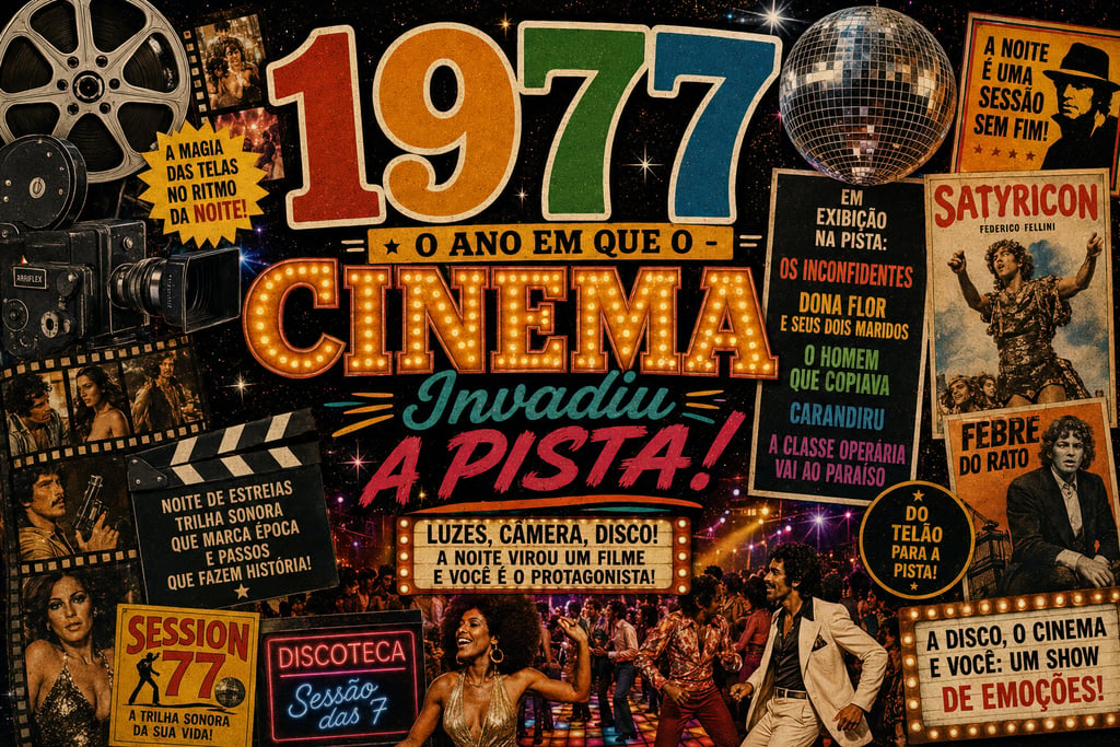 Vintage 1977 disco and cinema poster featuring retro movie posters, a sparkling disco ball, and dancers on a colorful