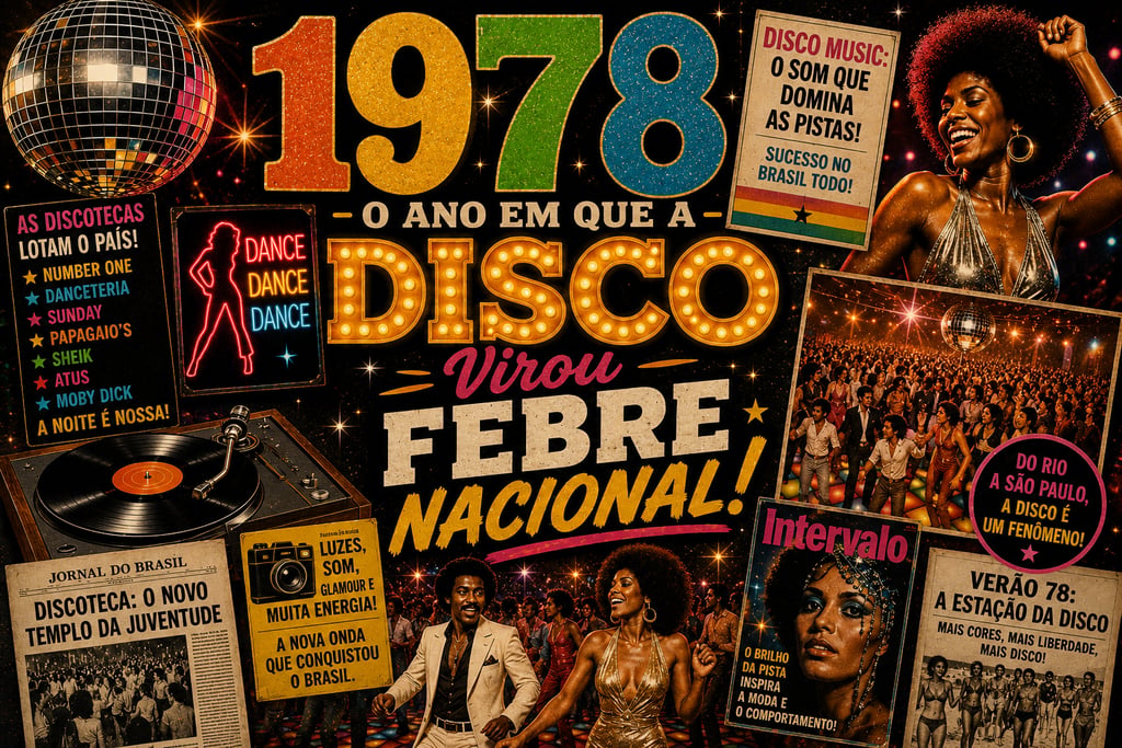 Vibrant 1970s disco culture collage featuring dancers, mirror balls, and vintage Brazilian magazine clippings.