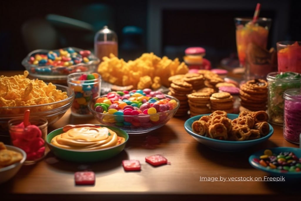 a table with a variety of snacks and drinks