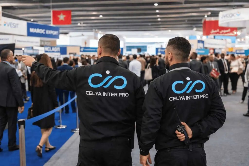 Agents de sécurité événementielle gérant les flux lors d'un salon professionnel à Casablanca