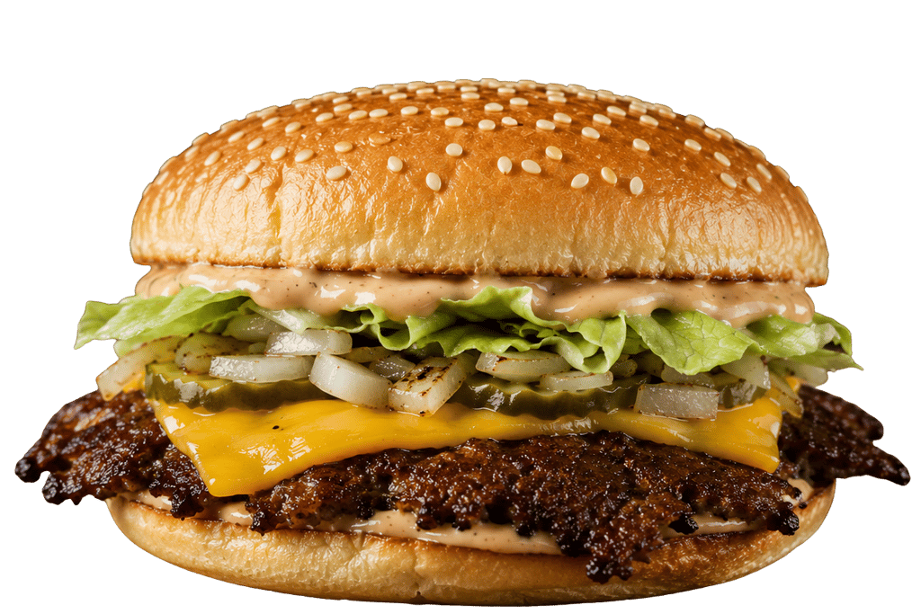 Smash Burger with beef patty, grilled onions, homemade sauce, lettuce and pickles on a toasted bun a