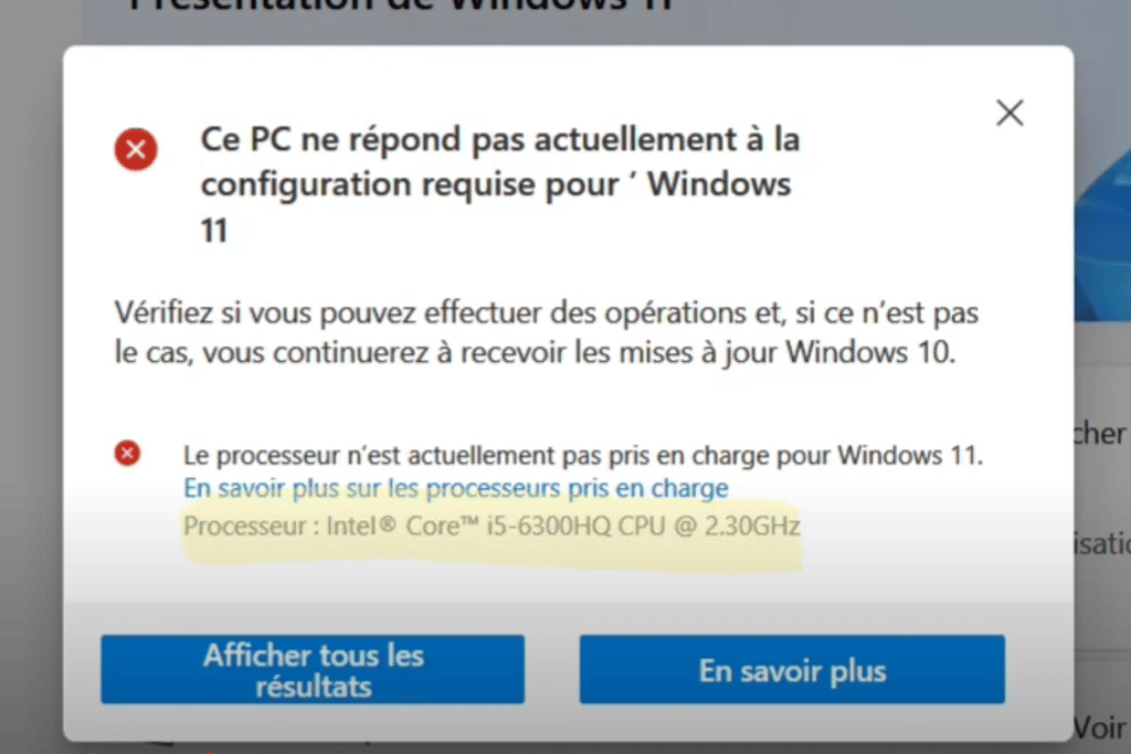 Résultat de l'outil PC Health Check montrant que le PC ne répond pas aux exigences de Windows 11