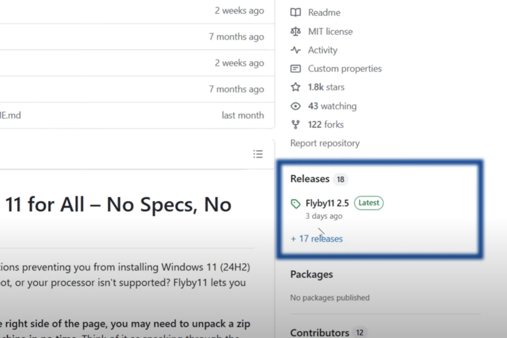 Page GitHub officielle pour télécharger l'outil FlyBy11 permettant d'installer Windows 11 sur un PC 