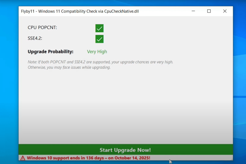 Interface de FlyBy11 indiquant la compatibilité partielle du PC avec Windows 11