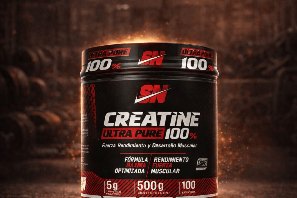 Black tub of SN Creatine Ultra Pure 100% supplement for muscle growth and performance in a gym setting.