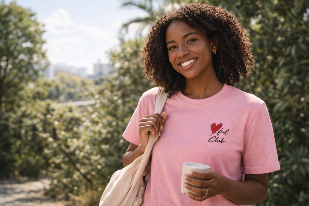 Junge schwarze Frau im rosa Heartful Club T-Shirt mit Stickerei lächelt draußen im warmen Tageslicht