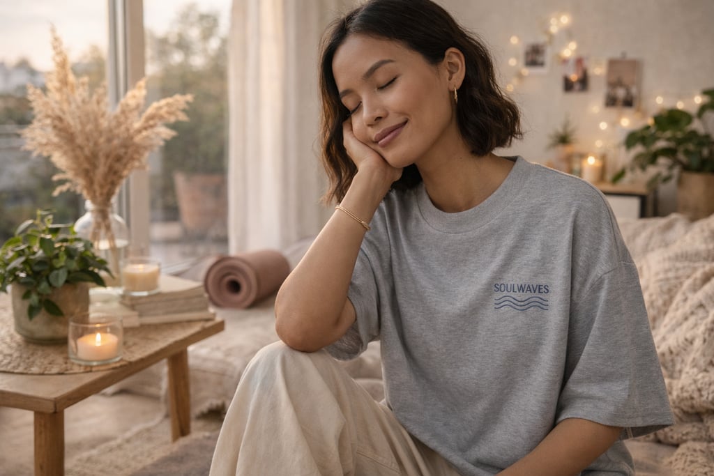 Frau im Soulwaves Oversized Bio T-Shirt in ruhiger Atmosphäre bei warmem Morgenlicht