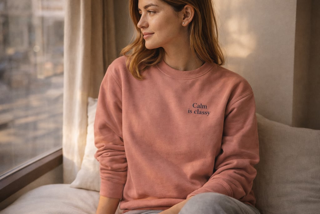 Frau sitzt am Fenster und trägt ein Dusty-Rose Sweatshirt „Calm is classy“ in ruhiger Atmosphäre.