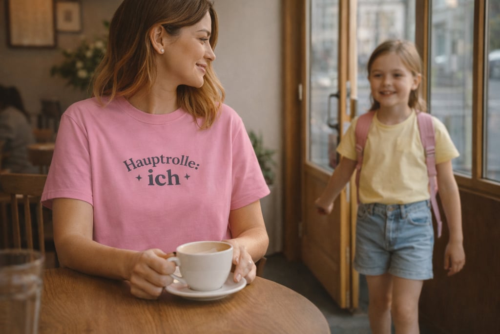 Frau im Café trägt ein pinkes „Hauptrolle: ich“T-Shirt, während ihr jüngeres Ich zur Tür hereinkommt