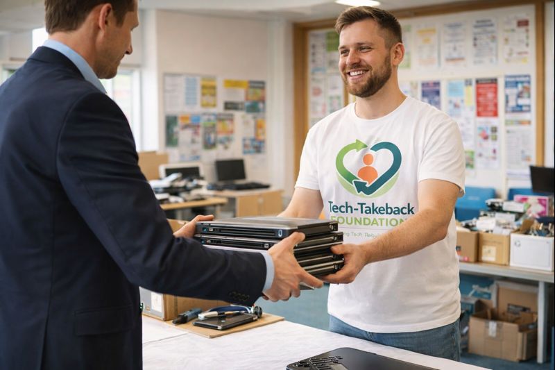 A man in a suit hands a pile pf of laptops to a man in a Tech-Takeback t-shirt
