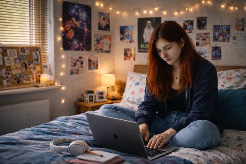 A teenage girl sits on her bed. She is using. a laptop