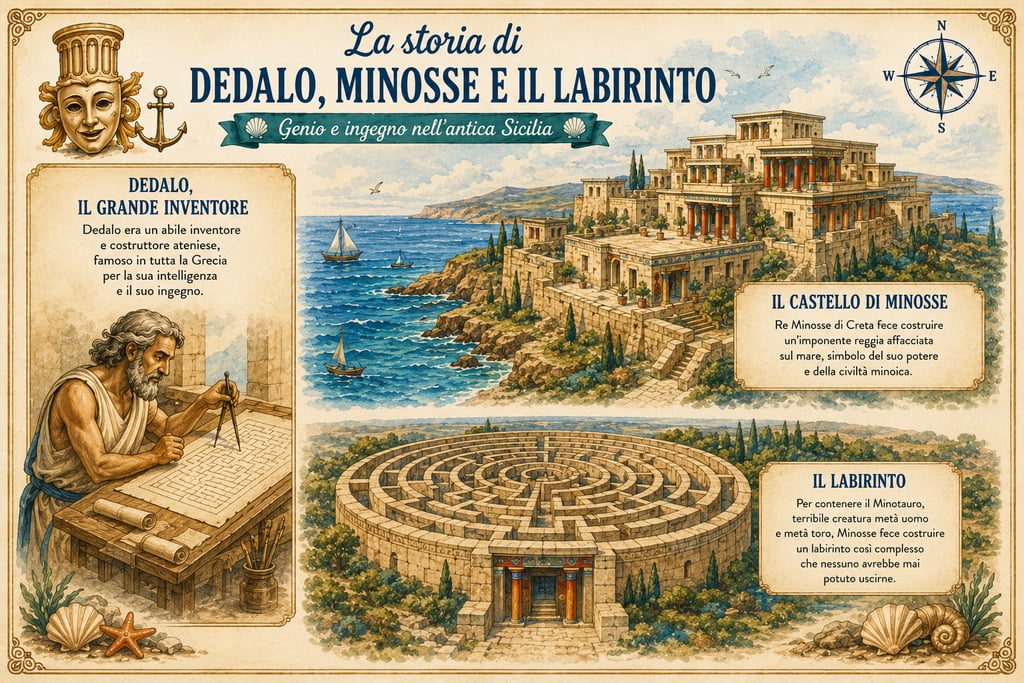 la leggenda di Dedalo che arriva volando in sicilia alla corte del Re Kokalos alla Valle dei Templi