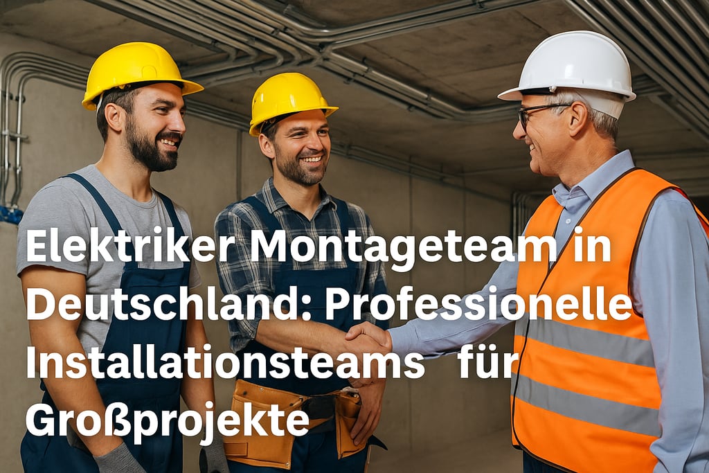 Eingespieltes Elektriker-Montageteam mit Werkzeugen und Helmen auf einer Baustelle in Deutschland –