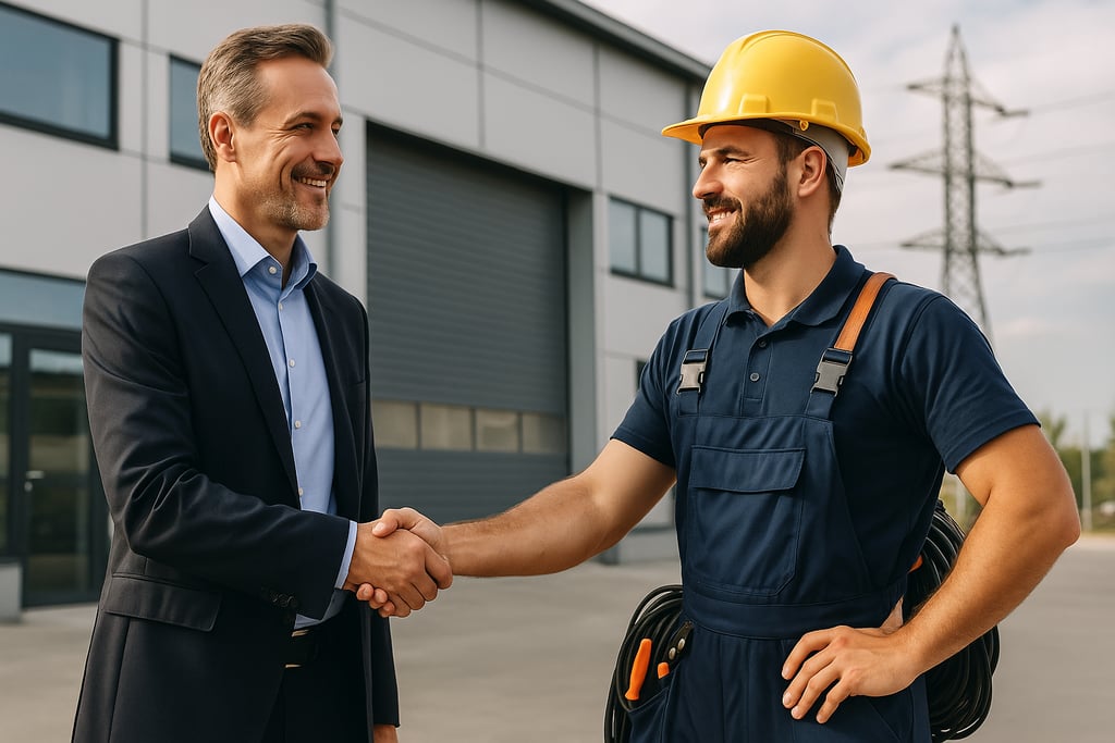 Geschäftsführer schüttelt Elektriker in Uniform die Hand – Symbol für erfolgreiche Zusammenarbeit mi