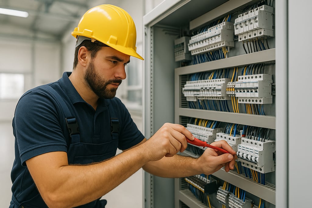 Erfahrener Elektriker arbeitet konzentriert an Schaltschrank und Steuerungstechnik – Beispiel für qu