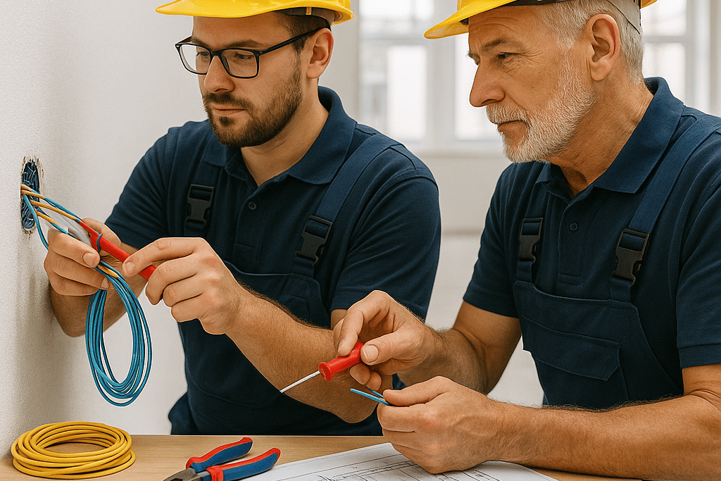 Zwei Elektriker arbeiten gemeinsam an einer Elektroinstallation in Nordrhein-Westfalen – Praxisbeisp