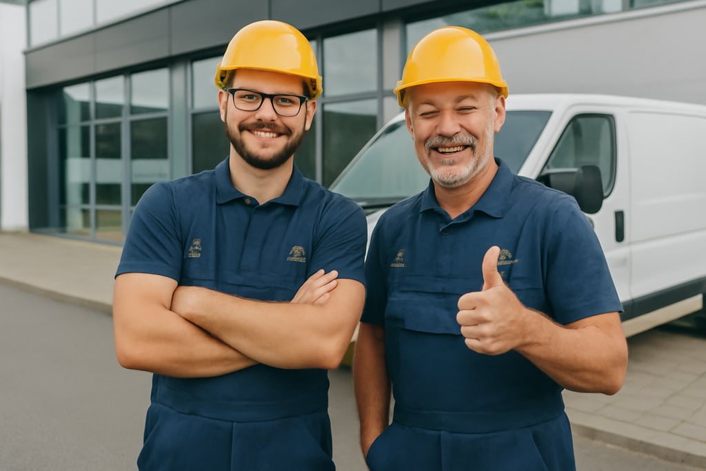 Zufriedene Elektriker-Fachkräfte vor Firmengebäude – Symbol für Vertrauen, Qualität und langfristige
