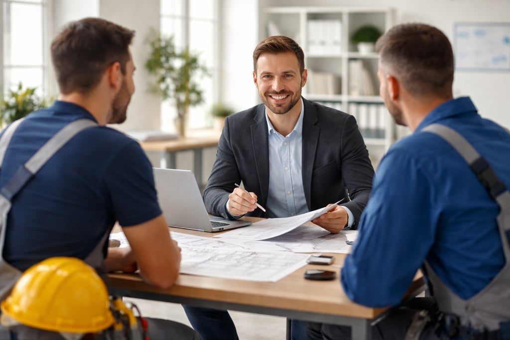Personalvermittler bespricht mit Elektrikern offene Stellen – symbolisiert erfolgreiches Recruiting 
