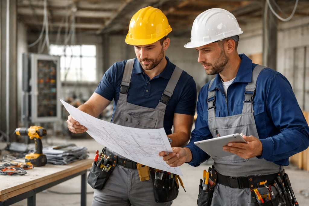 Zwei Elektriker prüfen Schaltpläne auf einer Baustelle – zeigt den Fachkräftemangel im Elektrohandwe
