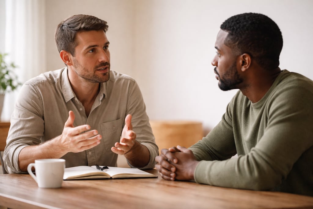 Two diverse professional men in a business meeting discussing a project over coffee and a notebook.