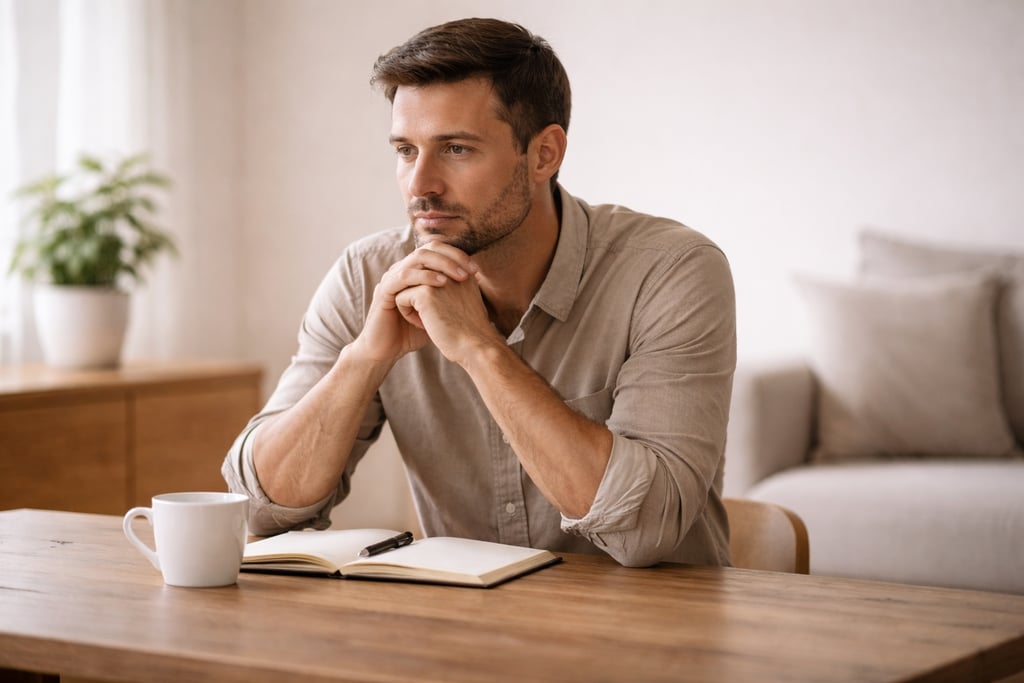 A thoughtful man sitting at a wooden table with a notebook and coffee, planning and reflecting.