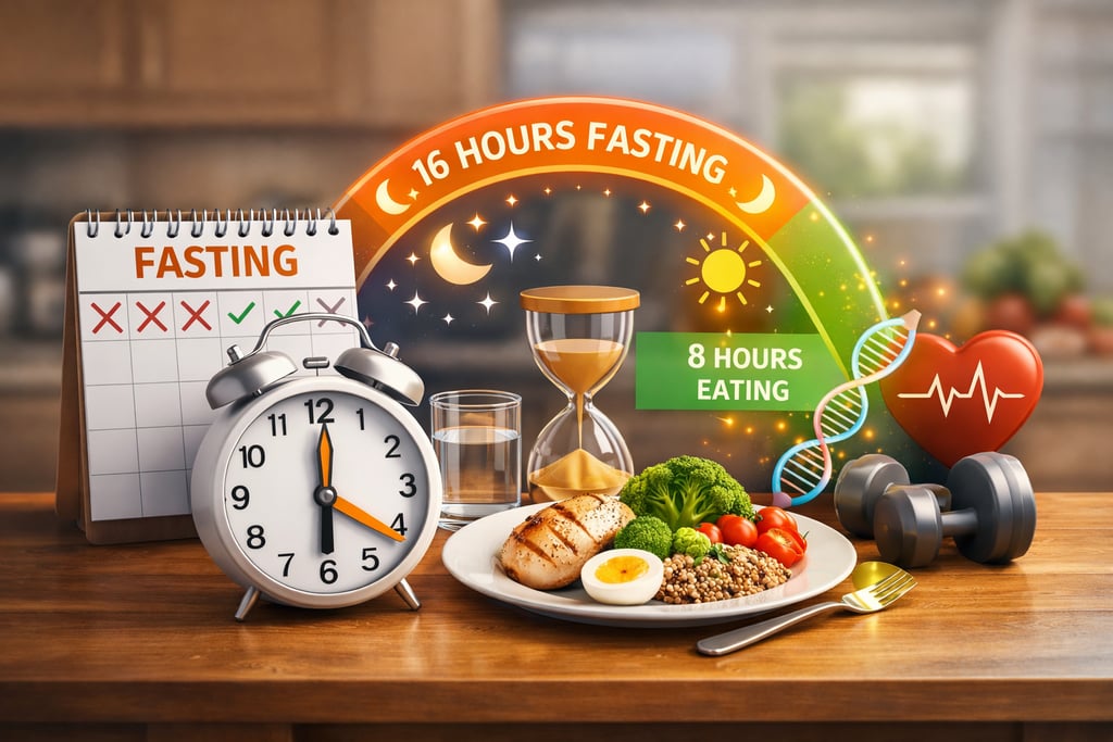 Figura 1. Ilustração (Nutro AI) — Jejum intermitente: janelas de jejum e alimentação (imagem gerada)