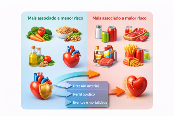 Figura 3. Infográfico 3D : contraste de componentes e desfechos intermediários. (Arte: Nutro AI).