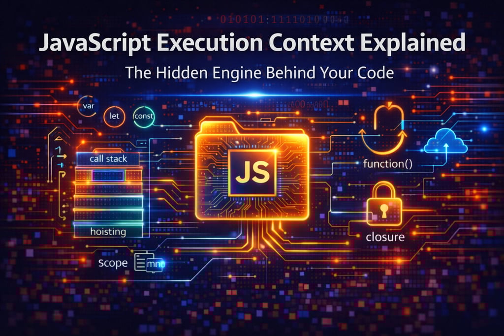 Digital illustration showing JavaScript execution context with glowing JS icon, call stack, hoisting