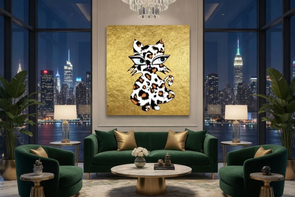 Luxury custom cat portrait by Eve Hennessa displayed as Hawa Cat wall art in an elegant interior
