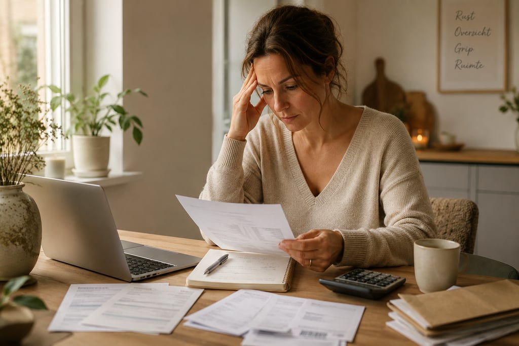 Stressed woman managing home finances and bills with a laptop and calculator at her desk.