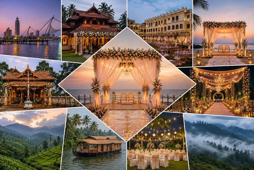 Destination wedding planning services in Kerala featuring beach weddings, backwater weddings, hill s