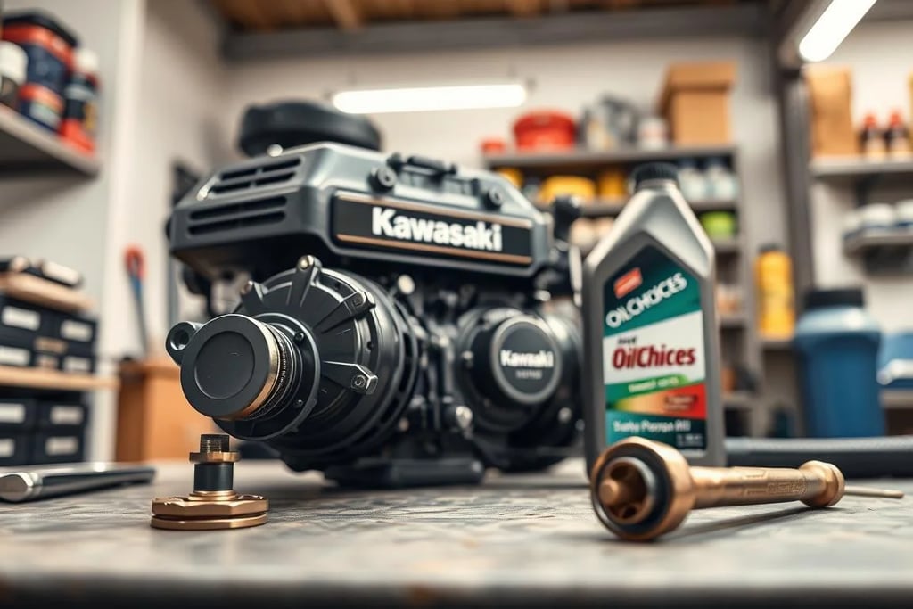A photo-realistic image of a Kawasaki FR691V engine, placed on a workbench in an organized garage se