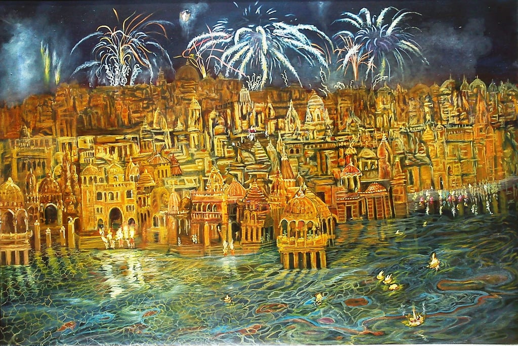 Moksha Deepawali at the ghats oil on canvas by Anuragk Gupta